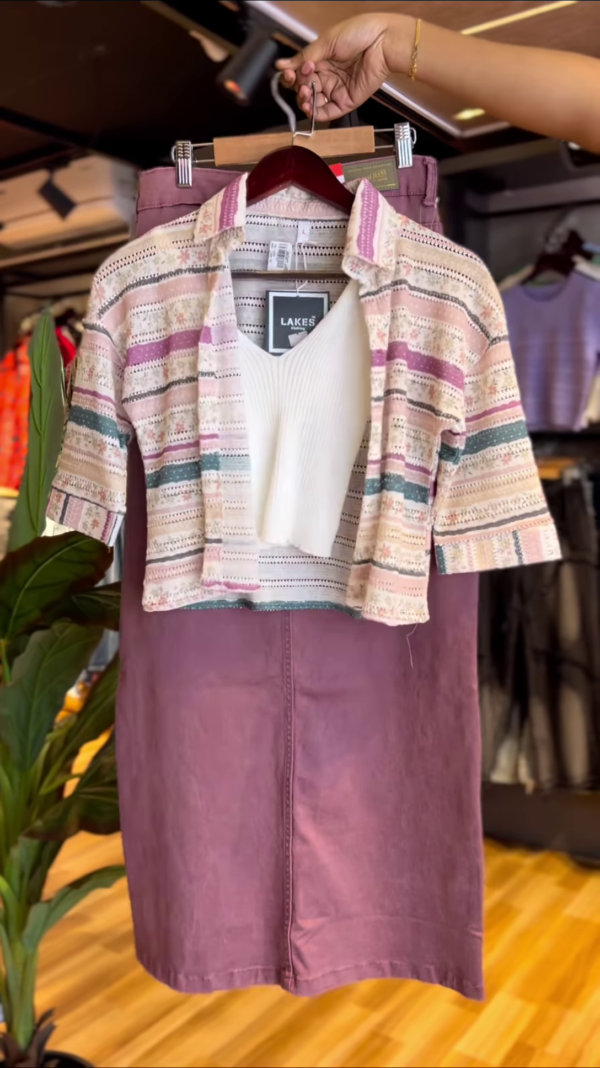 Trendy Multicolor Crochet-Style Shirt with White Ribbed Top and Mauve Pencil Skirt – Casual Co-Ord Set for Women