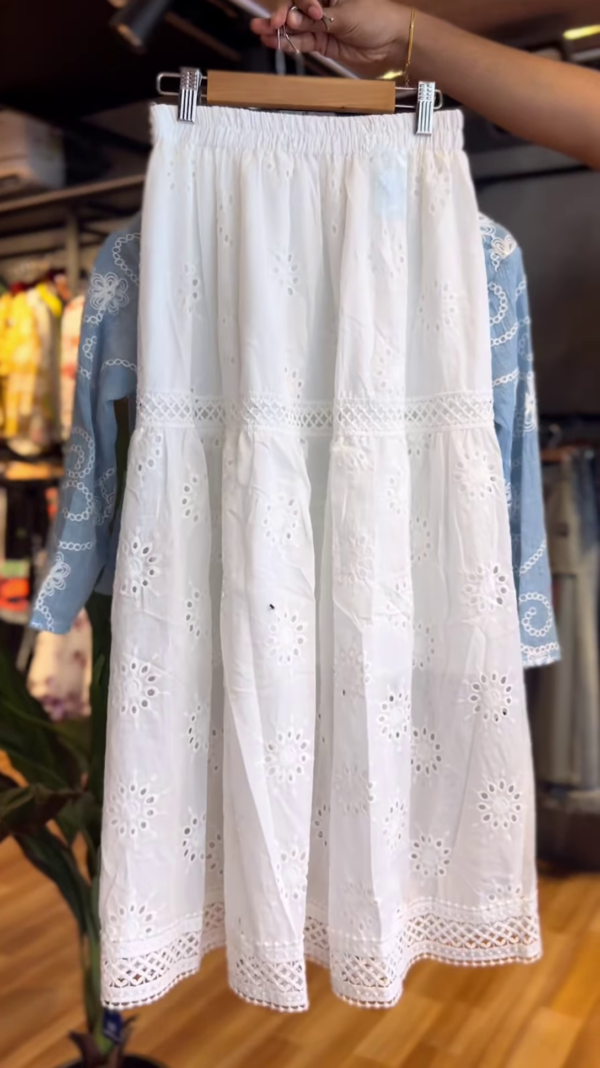 Boho Chic Sky Blue Embroidered Tie-Up Shrug with White Lace Skirt – Lightweight Summer Co-Ord Set for Women - Image 2