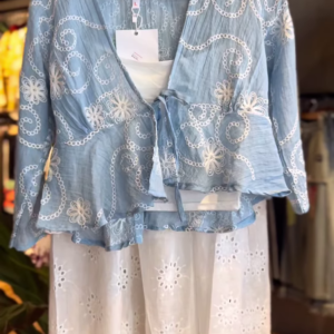 Boho Chic Sky Blue Embroidered Tie-Up Shrug with White Lace Skirt – Lightweight Summer Co-Ord Set for Women