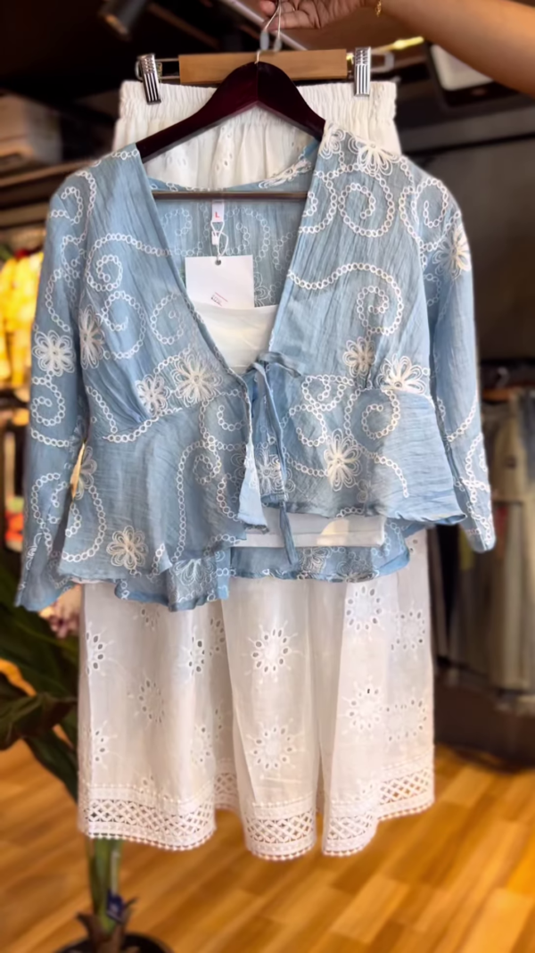 Boho Chic Sky Blue Embroidered Tie-Up Shrug with White Lace Skirt – Lightweight Summer Co-Ord Set for Women