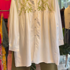White Mandarin Collar Embroidered Kurti with Olive Green Straight Pants – Casual Ethnic Fusion Set for Everyday Chic