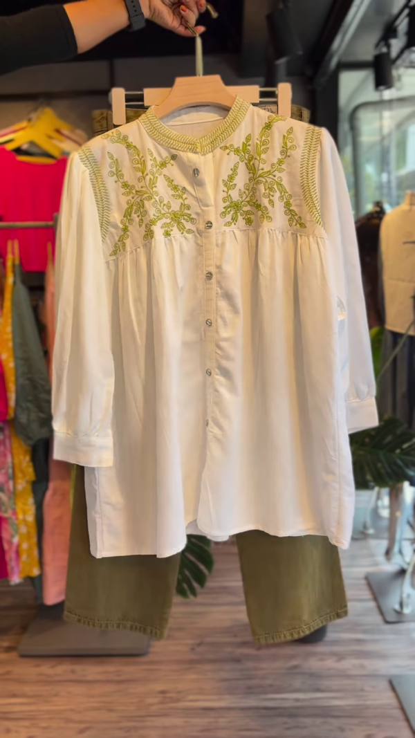 White Mandarin Collar Embroidered Kurti with Olive Green Straight Pants – Casual Ethnic Fusion Set for Everyday Chic