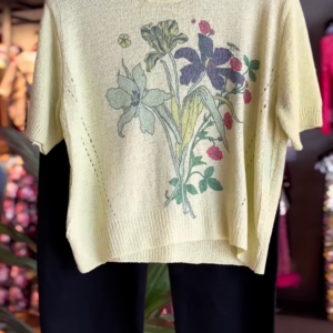 Pastel Yellow Knitted Floral Top with Black Ankle Pants – Casual Artistic Co-Ord Set for Effortless Everyday Style