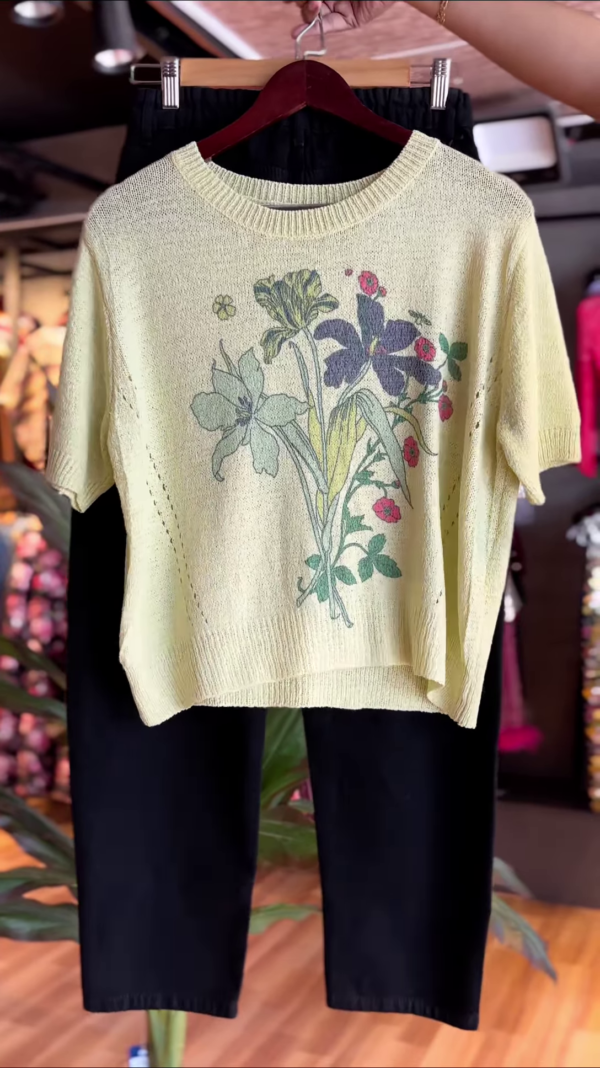 Pastel Yellow Knitted Floral Top with Black Ankle Pants – Casual Artistic Co-Ord Set for Effortless Everyday Style