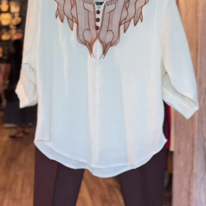 Cream Tunic Top with Intricate Brown Embroidery & Brown Slim Pants – Elegant Ethnic-Inspired Co-Ord Set for Smart Casual Wear