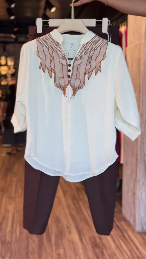 Cream Tunic Top with Intricate Brown Embroidery & Brown Slim Pants – Elegant Ethnic-Inspired Co-Ord Set for Smart Casual Wear