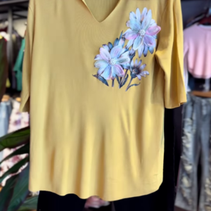 Mustard Yellow Polo Neck Floral Top with Black Pants – Casual Chic Two-Piece Set for Everyday Elegance