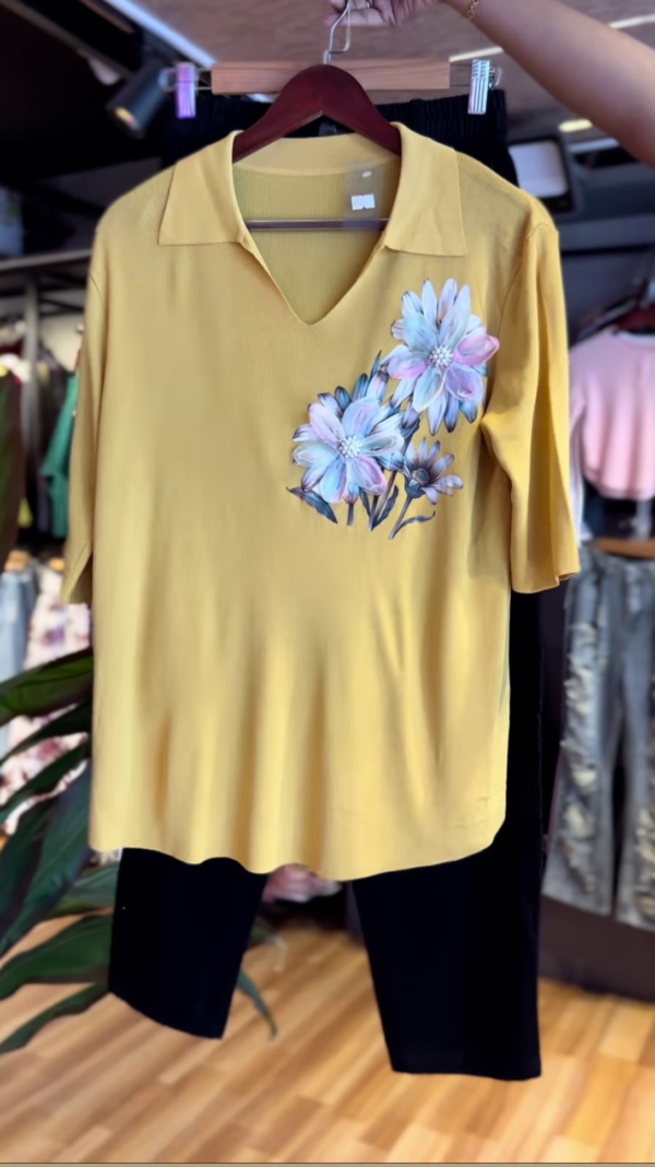 Mustard Yellow Polo Neck Floral Top with Black Pants – Casual Chic Two-Piece Set for Everyday Elegance