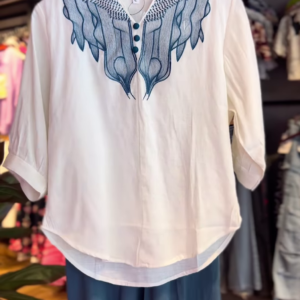 Elegant White Embroidered Kurti with Teal Blue Culottes – Stylish Ethnic Fusion Co-Ord Set for Women