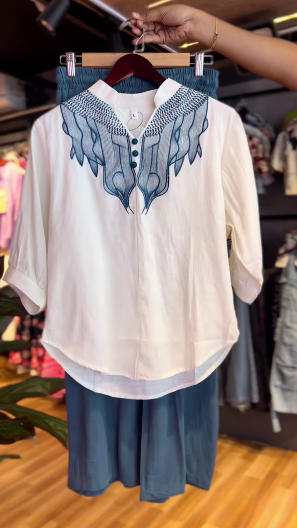 Elegant White Embroidered Kurti with Teal Blue Culottes – Stylish Ethnic Fusion Co-Ord Set for Women