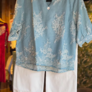 Sky Blue Floral Embroidered Kurti with White Straight Pants – Elegant Cotton Casual Set for Women