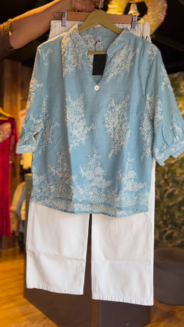Sky Blue Floral Embroidered Kurti with White Straight Pants – Elegant Cotton Casual Set for Women