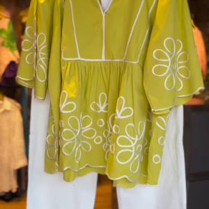 Lime Green Peplum Style Embroidered Kurti with White Pants – Chic Indo-Western Co-Ord Set for Women