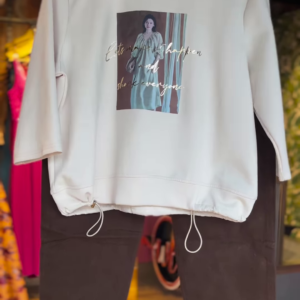Cream Graphic Sweatshirt with Drawstring Hem & Brown Trousers – Casual Street Style Co-Ord Set for Women