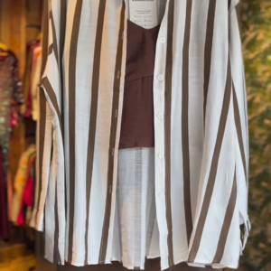 Brown Cami Top with Striped Overshirt & Matching Trousers – 3-Piece Casual Co-Ord Set for Women