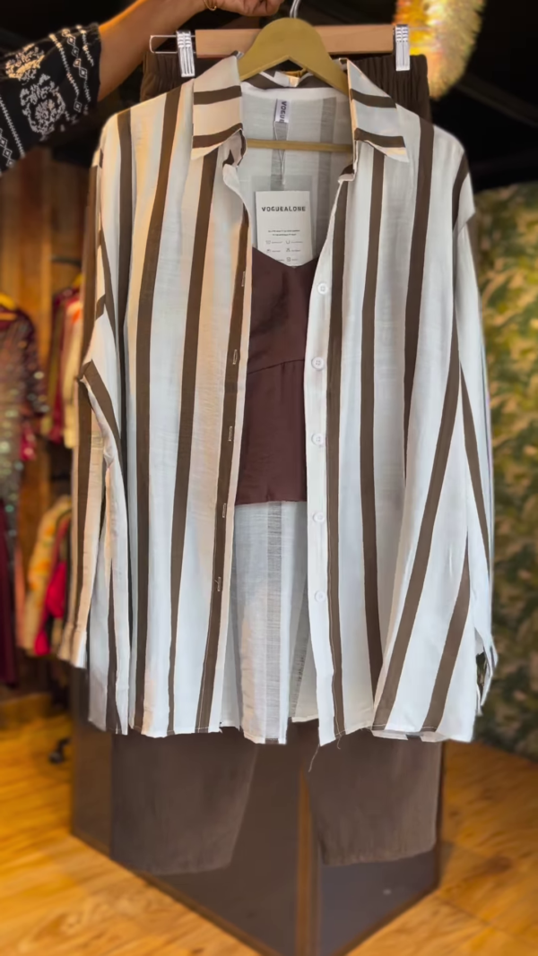 Brown Cami Top with Striped Overshirt & Matching Trousers – 3-Piece Casual Co-Ord Set for Women