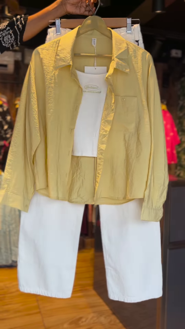 Light Yellow Shirt with White Crop Top & Culottes – 3-Piece Summer Co-Ord Set for Women