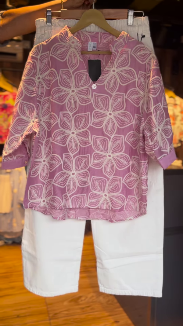 Pink Floral Embroidered Tunic with White Culottes – Casual Cotton Co-Ord Set for Women
