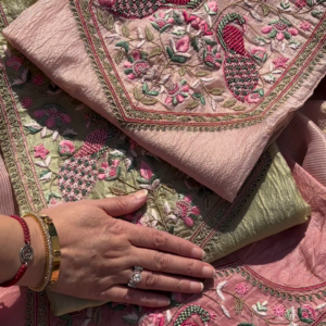 Crushed Tissue Handwork Fabric with Embroidered Peacock and Floral Motifs – Luxe Ethnic Wear Material