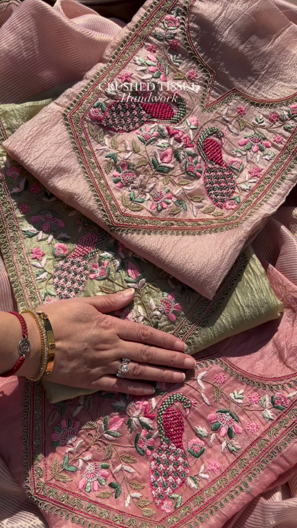 Crushed Tissue Handwork Fabric with Embroidered Peacock and Floral Motifs – Luxe Ethnic Wear Material