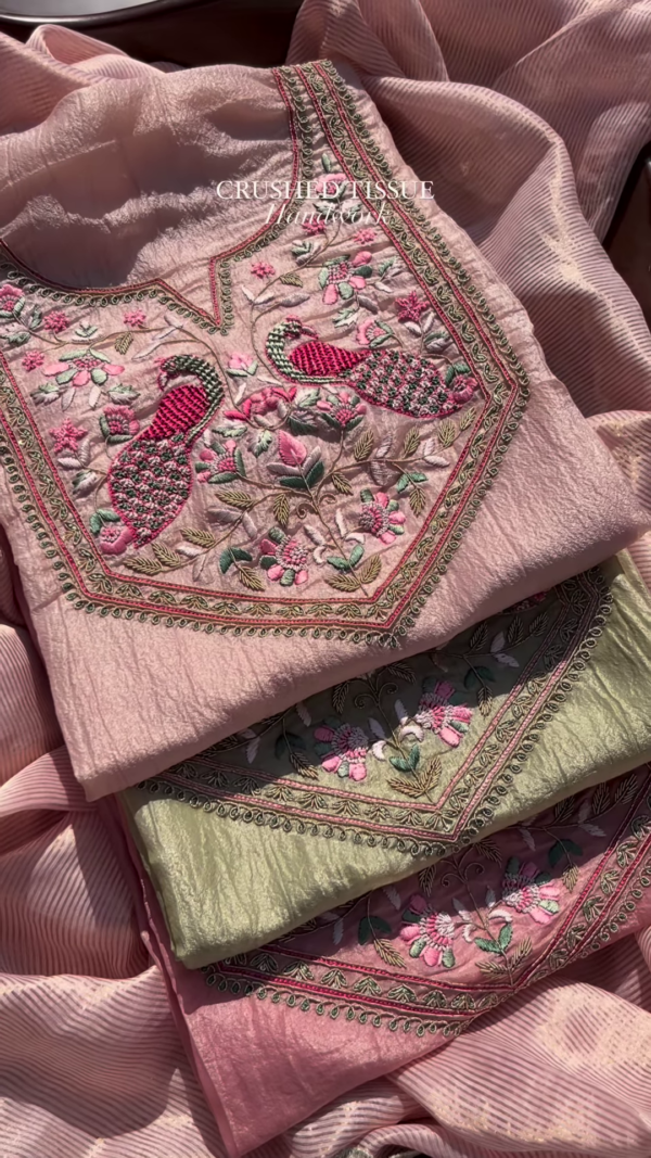 Crushed Tissue Handwork Fabric with Embroidered Peacock and Floral Motifs – Luxe Ethnic Wear Material - Image 2