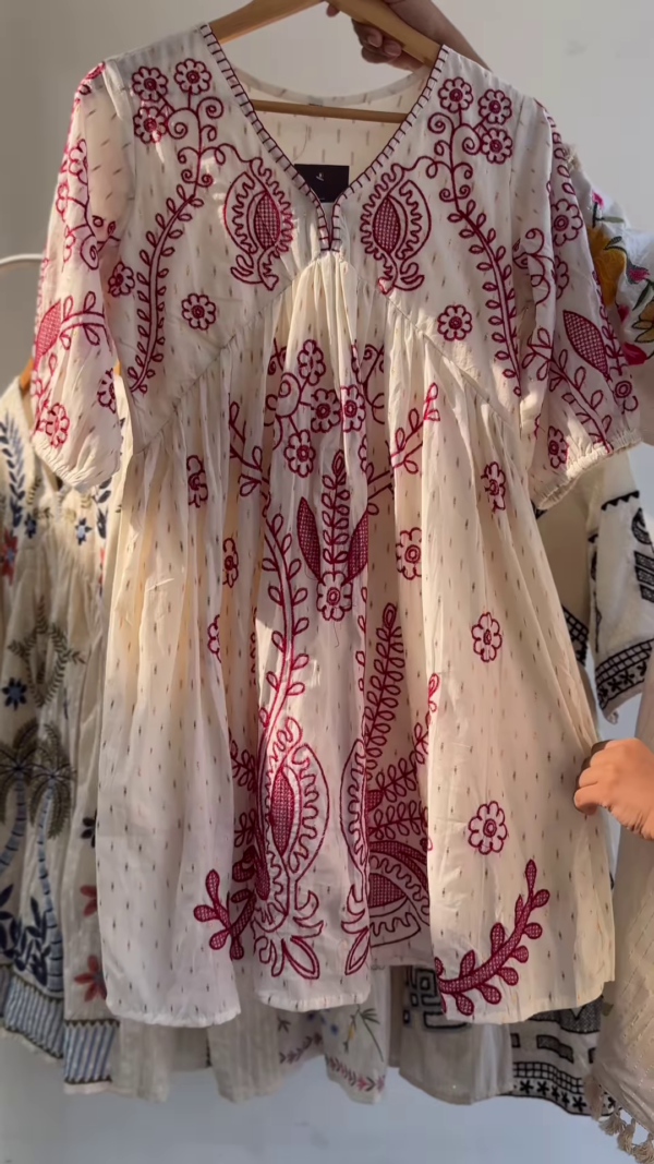 Boho Chic Hand-Embroidered Cotton Top – Ivory Base with Maroon Threadwork | 4 Designs & Colors Available