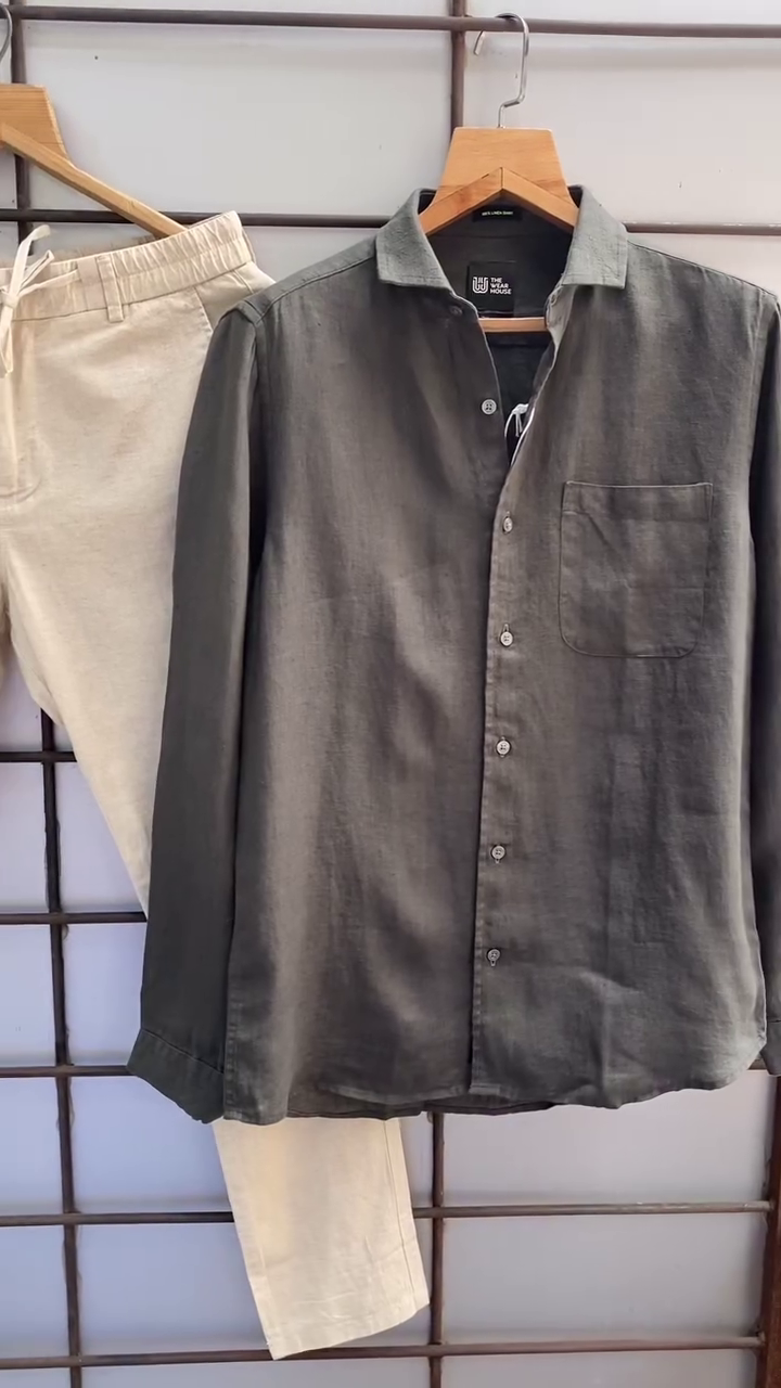 Men’s Casual Olive Green Linen Shirt & Beige Cotton Trouser Set – Breathable & Stylish Summer Outfit (7 Color Options)