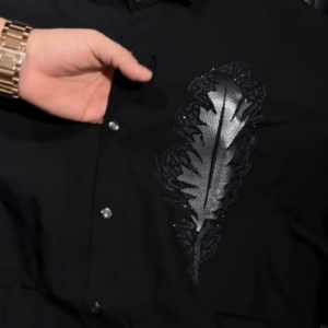 Menโs Teal Blue Stretchable Printed Shirt with Feather Design โ Slim Fit Party Wear (2 Color Options)