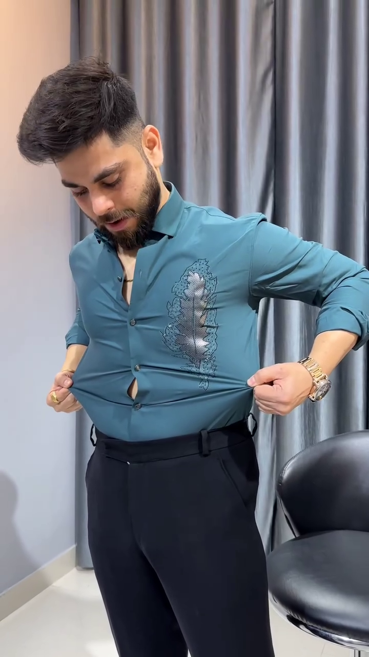Men’s Teal Blue Stretchable Printed Shirt with Feather Design – Slim Fit Party Wear (2 Color Options) - Image 3