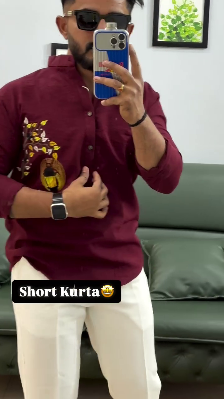 Men’s Designer Short Kurta – Maroon Ethnic Shirt Style with Printed Detail (10 Colors Available) - Image 2