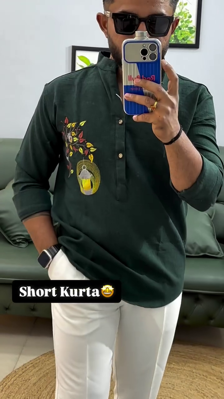 Men’s Designer Short Kurta – Maroon Ethnic Shirt Style with Printed Detail (10 Colors Available)