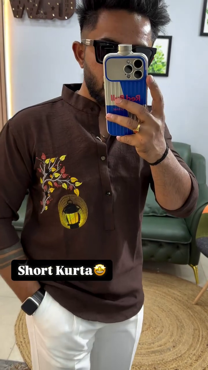 Men’s Designer Short Kurta – Maroon Ethnic Shirt Style with Printed Detail (10 Colors Available) - Image 5