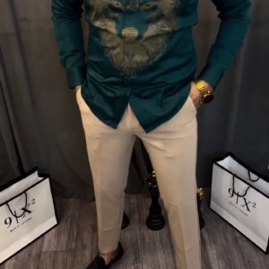 Men’s Teal Wolf Design Shirt – Embellished Animal Graphic | Luxe Party Wear