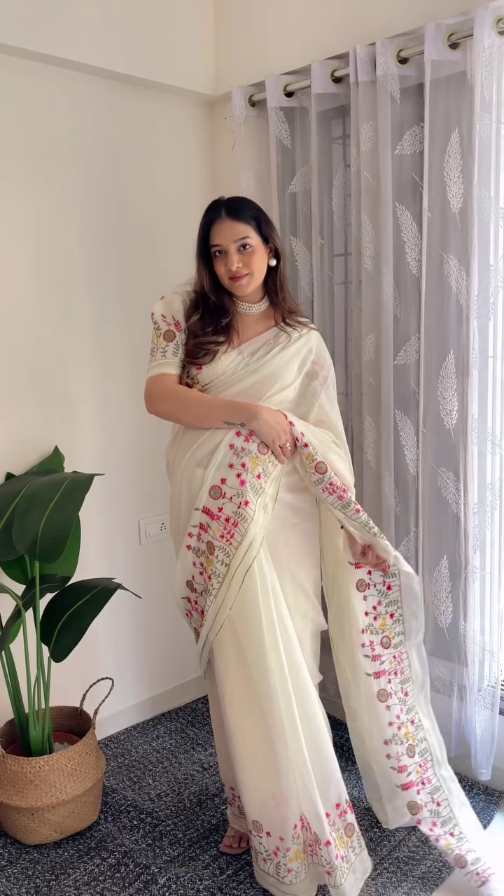 Elegant Off-White Embroidered Saree with Floral Border | Ethnic Chic