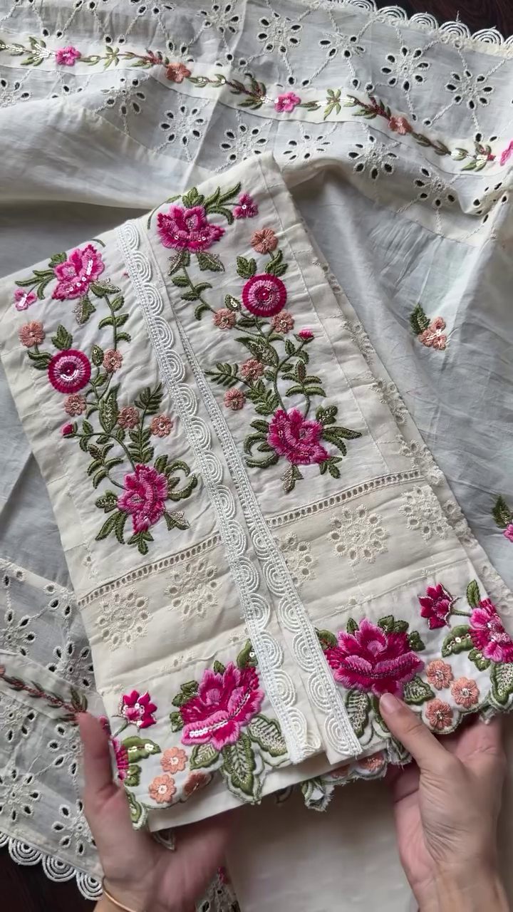 Elegant Cream Embroidered Cotton Kurti Set with Floral Detailing – Ethnic Wear for Women - Image 3