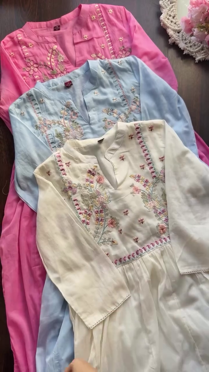 Pastel Embroidered Cotton Kurtis for Women – Set of 3 Stylish Colors (Pink, Blue, White)