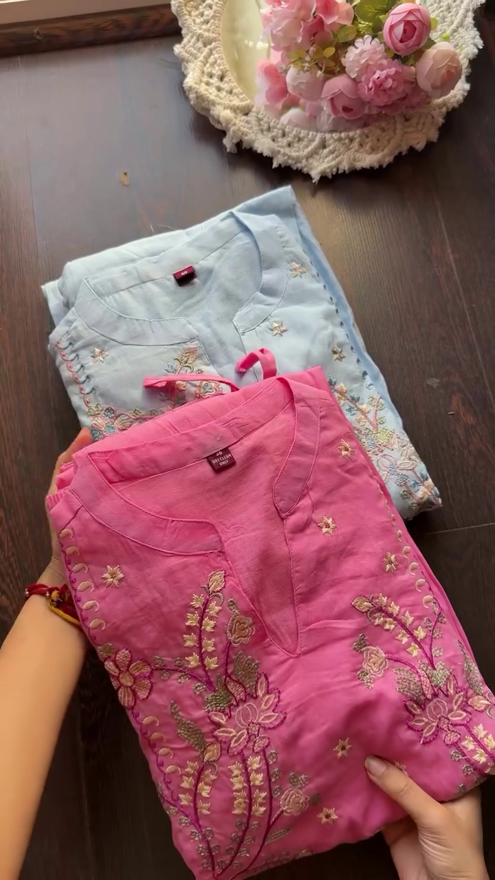 Pastel Embroidered Cotton Kurtis for Women – Set of 3 Stylish Colors (Pink, Blue, White) - Image 2