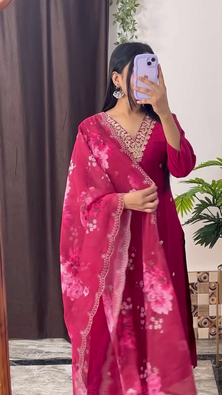 Elegant Magenta Embroidered Kurta Set with Floral Printed Dupatta – 8 Color Variants | Ethnic Wear for Women - Image 3