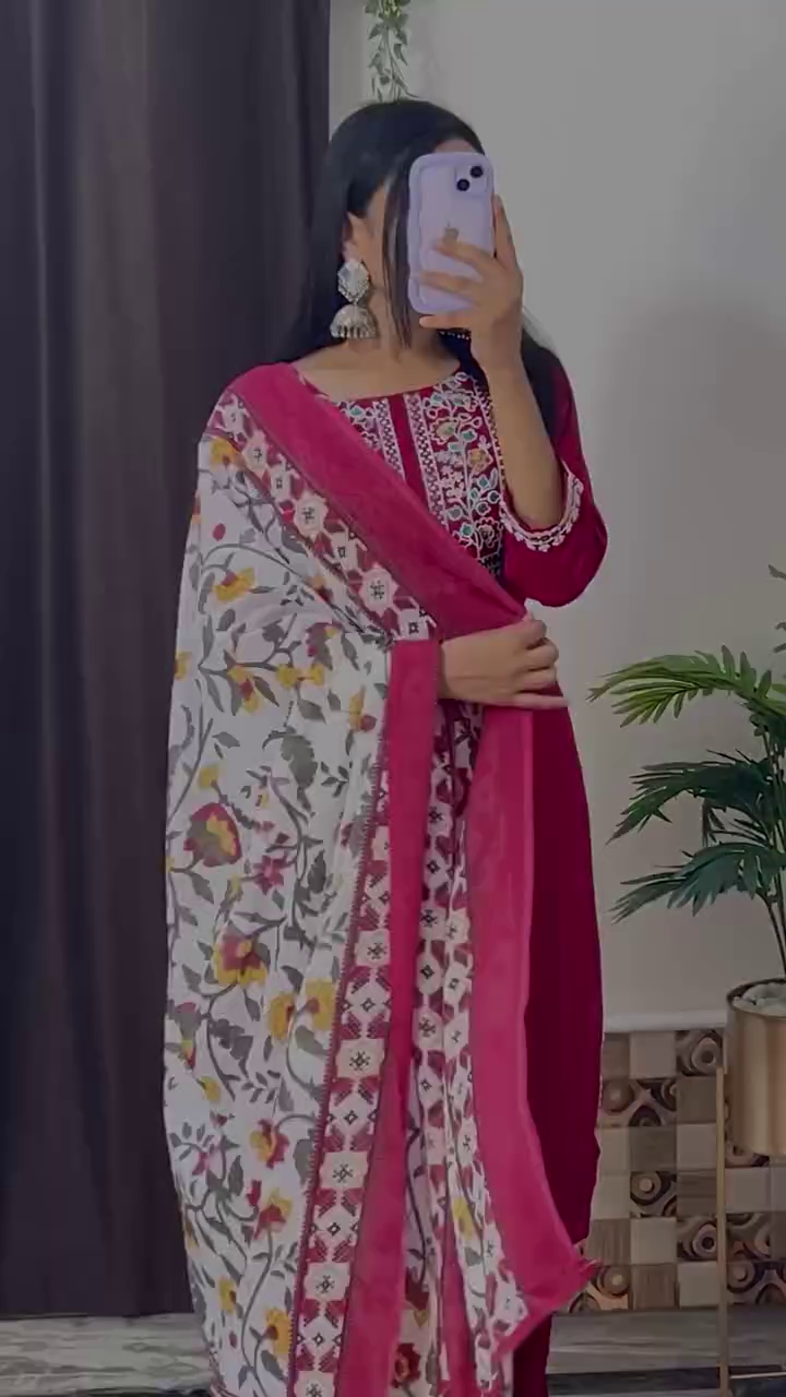 Elegant Magenta Embroidered Kurta Set with Floral Printed Dupatta – 8 Color Variants | Ethnic Wear for Women