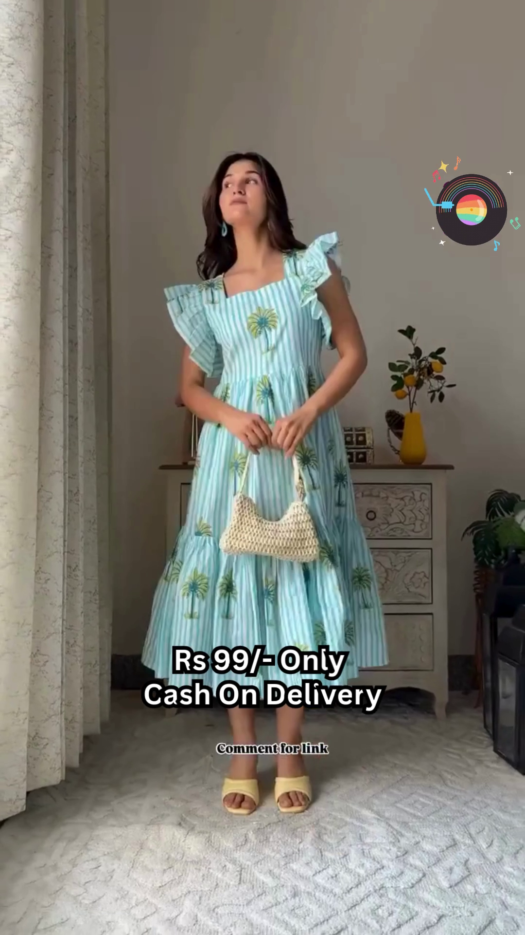 Trendy Sky Blue Cotton Frock Dress with Palm Tree Print – Rs.99 Only | 6 Color Options | Cash on Delivery