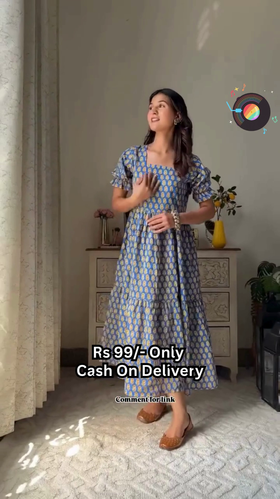Trendy Sky Blue Cotton Frock Dress with Palm Tree Print – Rs.99 Only | 6 Color Options | Cash on Delivery - Image 6