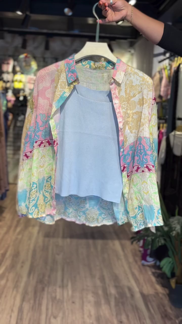 Trendy Pastel Patchwork Sheer Shirt with Inner Camisole – Boho Chic Style | Lightweight Summer Layer
