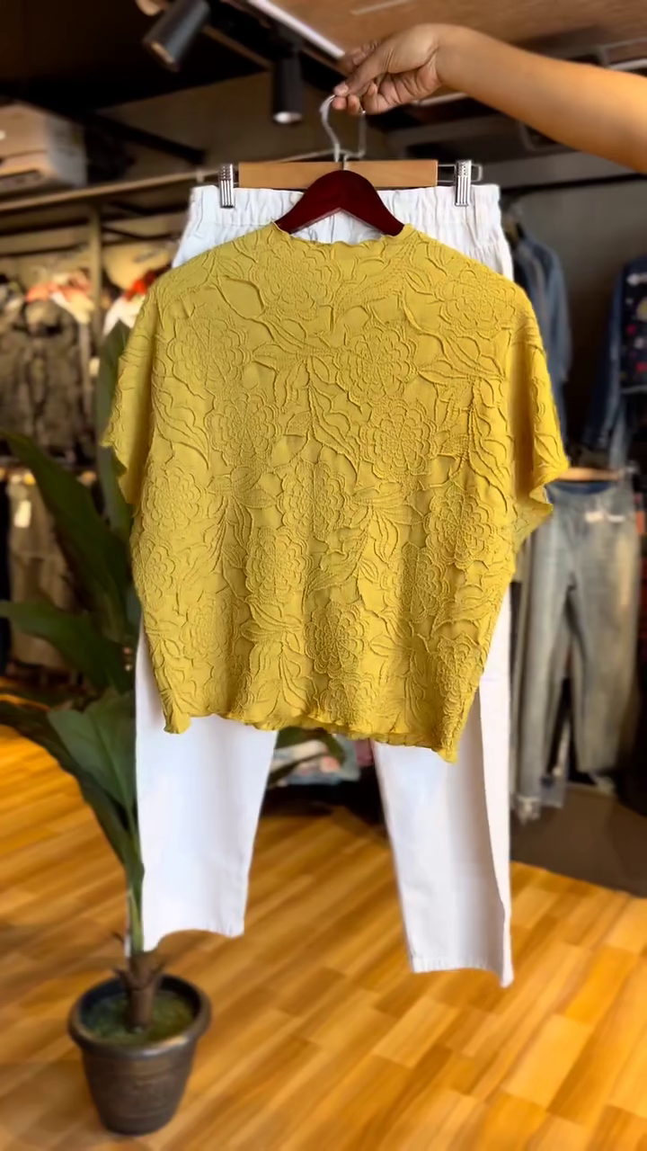 Chic Mustard Yellow Textured Top with White Pants | Stylish Casual Co-ord Set for Women