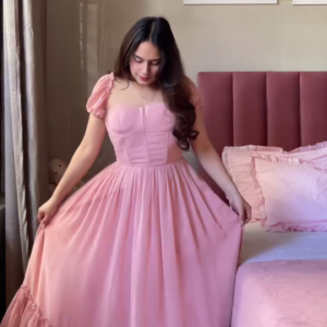 Dreamy Pink Corset Maxi Dress with Puff Sleeves | Elegant & Romantic Gown for Women