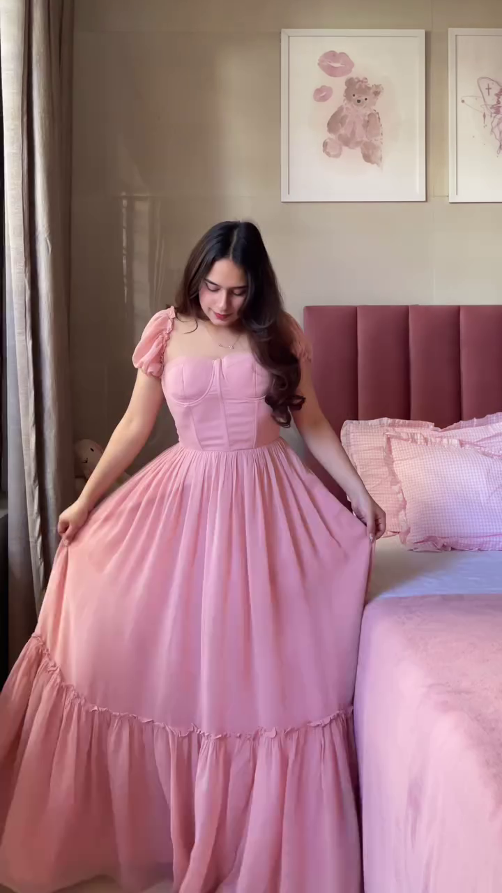 Dreamy Pink Corset Maxi Dress with Puff Sleeves | Elegant & Romantic Gown for Women