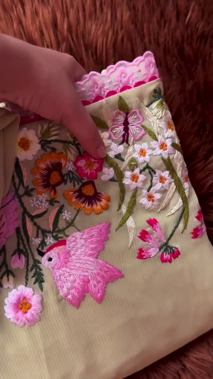 Olive Green Embroidered Fabric with Floral & Bird Motifs | Multicolor Threadwork Fabric for Suits & Kurtis