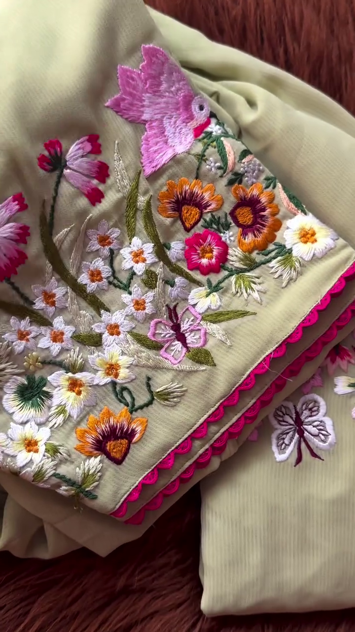 Olive Green Embroidered Fabric with Floral & Bird Motifs | Multicolor Threadwork Fabric for Suits & Kurtis - Image 2