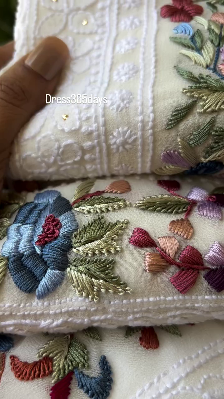 White Chikankari Fabric with Multicolor & Gold Embroidery | Eid Festive Collection by Dress365days - Image 2