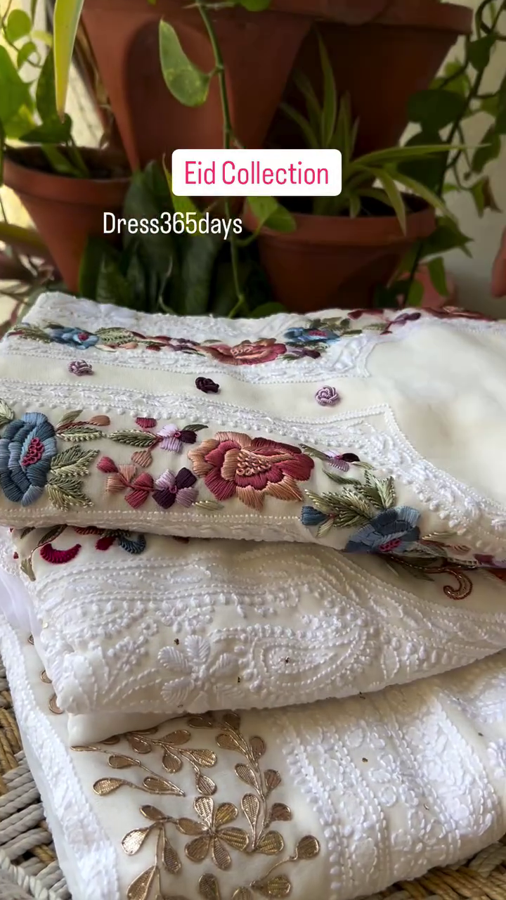 White Chikankari Fabric with Multicolor & Gold Embroidery | Eid Festive Collection by Dress365days