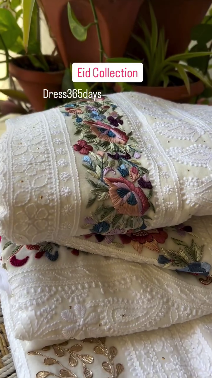White Chikankari Fabric with Multicolor & Gold Embroidery | Eid Festive Collection by Dress365days - Image 4
